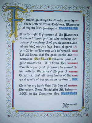 Baroness' Degree of Elegance for Zoe Kale Laskarina