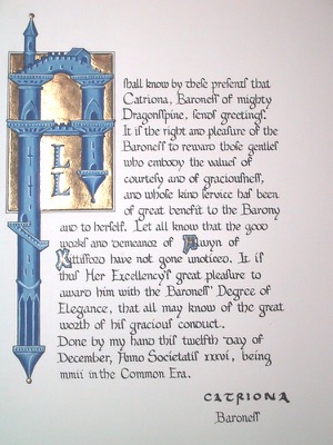 Baroness' Degree of Elegance for Alwyn of Kittisford
